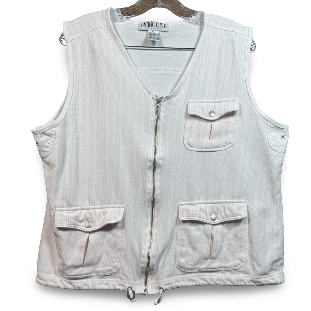 VTG‎ Utility Vest Women's Petite Large Pink White Jacket Vest Full Zip PL Cotton